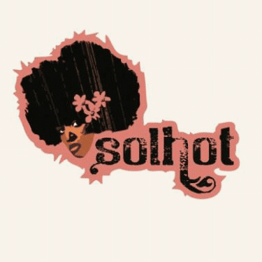 Graphic design of the letters "solhot." The letters are black and lowercase and the "h" ends with a swirl that drops below the line of the letters. Next to the "S" is an artistic rendering of a brown-skinned girl's face; she has an afro with pink flowers in it.