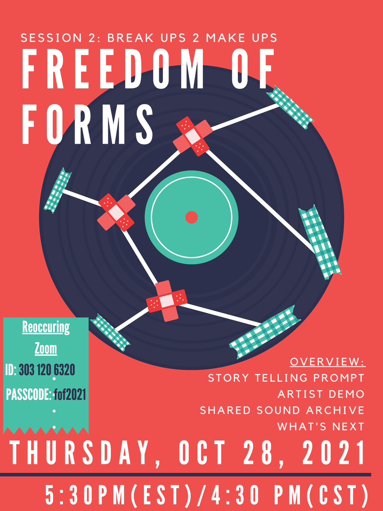 Red and blue event flyer with image of a vinyl record. event is Freedom of Forms,Oct 28, 2021 on Zoom.