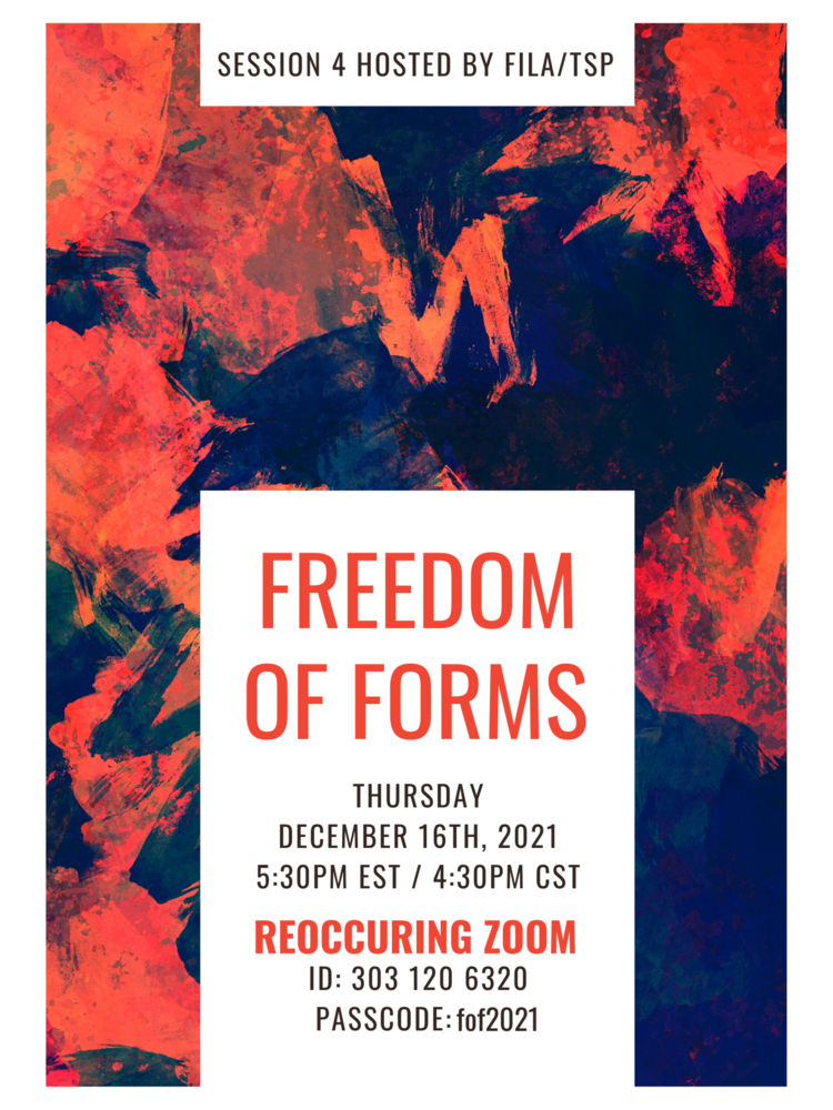 Red and blue event flyer with abstract painting image. Event is Freedom of Forms, Dec 14, 2021, on Zoom.