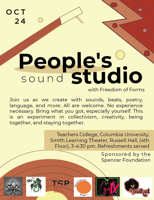 Brown, tan, and off-white event flyer. The event is People's Sound Studio with Freedom of Forms, Oct 24 at Teachers College, Columbia University.